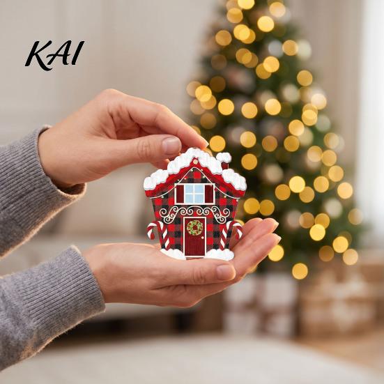 Xmas Tree Hanging Pendants 12Pcs Wooden Christmas Ornaments, Buffalo Plaid Decor with Gnome Door Window Accents Snowflake Tree, Holiday Decoration for