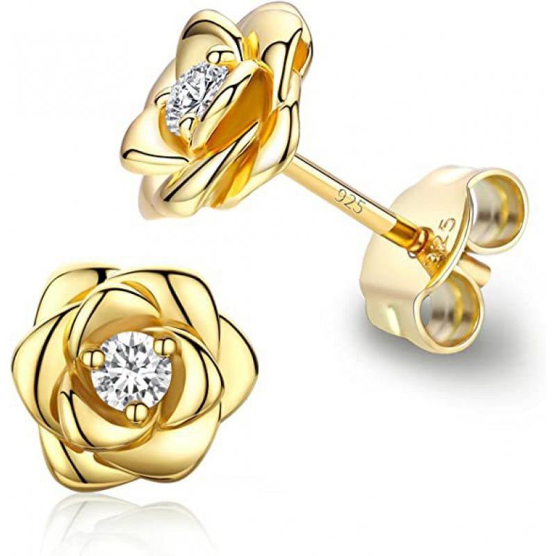 Wish black gold and white diamond rose earrings women's temperament fashion stud earrings versatile jewelry