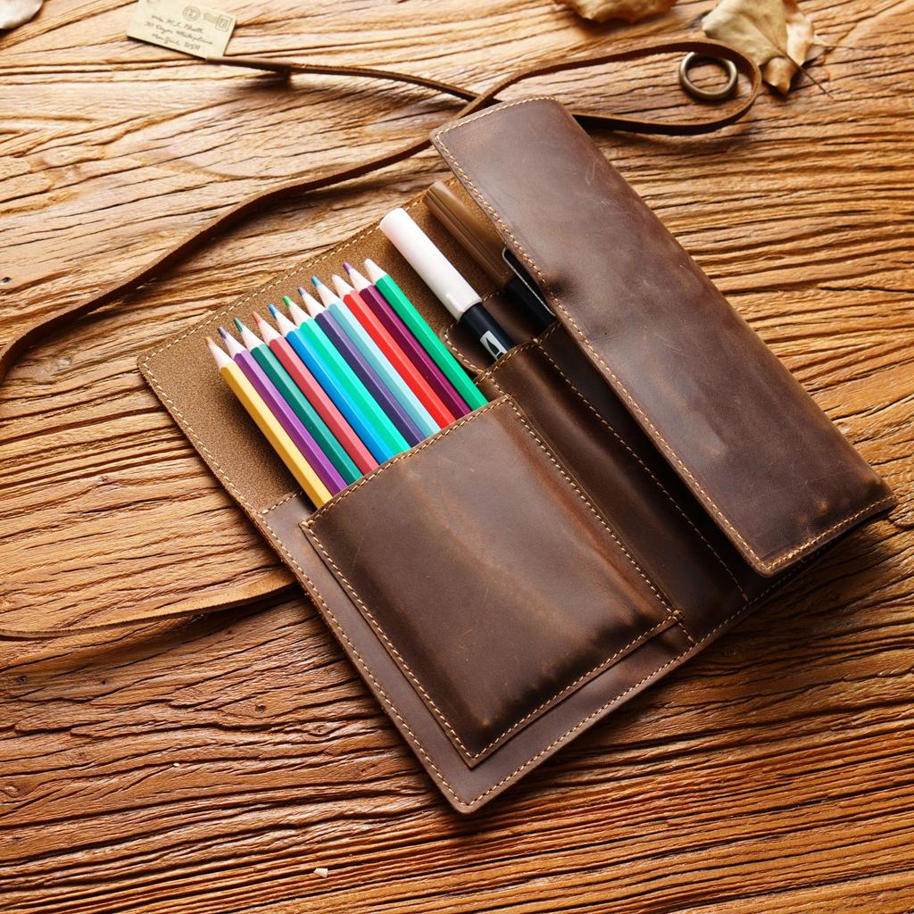 Geantă premium pentru creioane din piele de vacă cu granulație completă Organizator durabil pliabil tip rulou pentru pensule Suport pentru stilou, pix cu cerneală