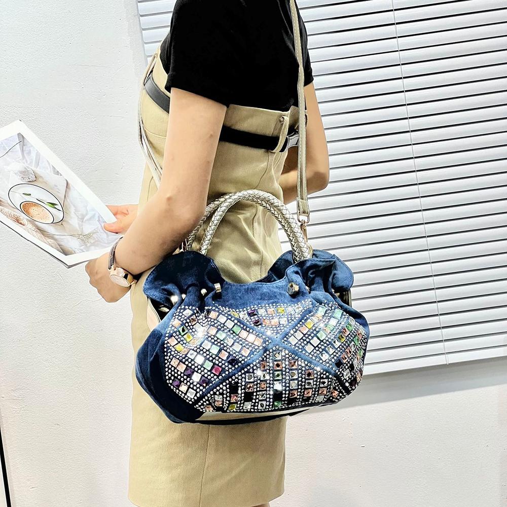 Mini Borsa a Tracolla Coreana, Borsa in Tela Denim con Borchie di Strass, Borsa a Spalla Fashion Donna Casual Chic