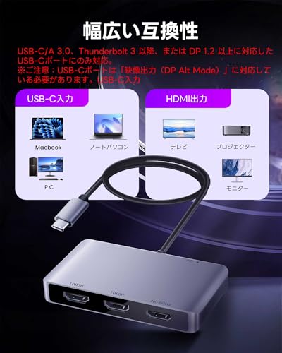 Avedio Links USB C To HDMI Adapter, 4K@60Hz HDMI Splitter with Extended Mode (MST/ABCD), 100W PD Charging Port, 4-Screen Display Hub, 3-Port Output, 4