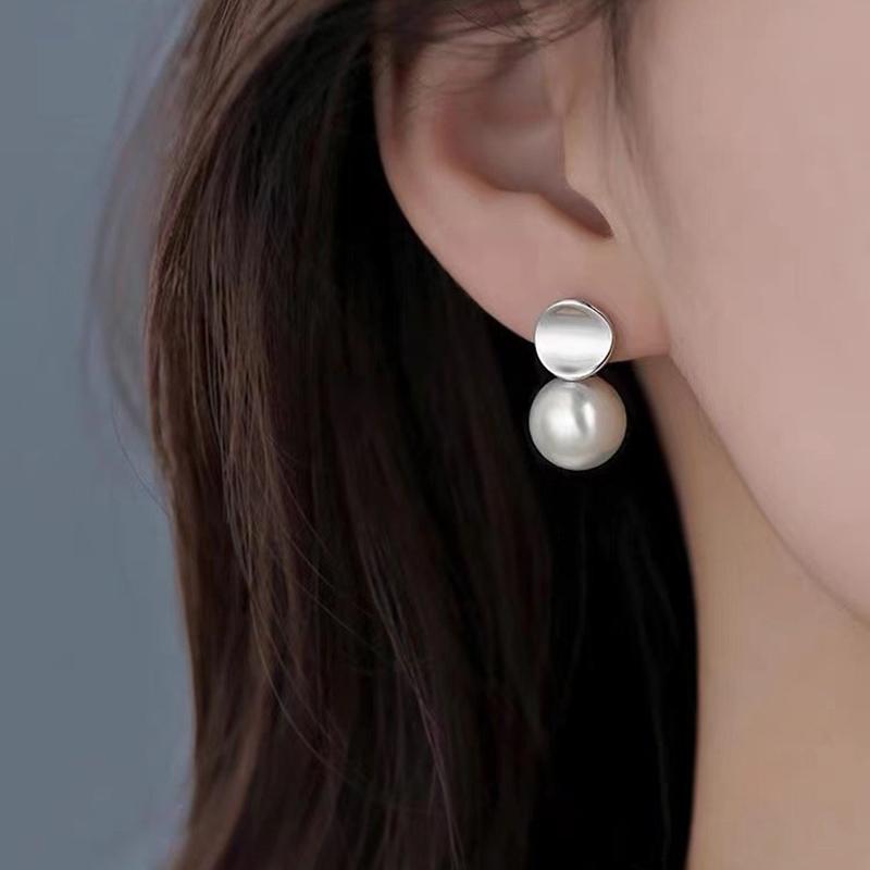 Real 925 Silver Frosted Round Pearl Stud Earrings For Women Classic Fine Jewelry Light Accessories In Summer