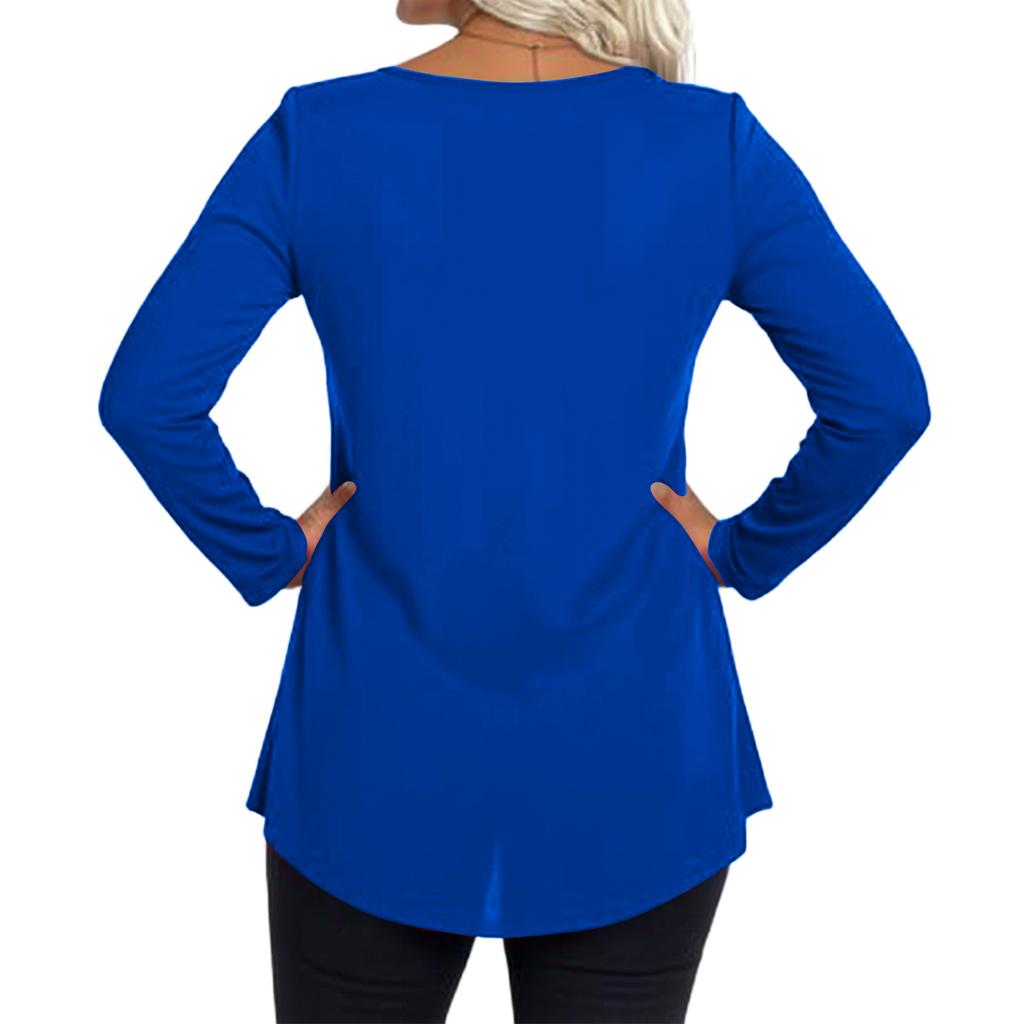 Ladies' Casual And Fashionable Round Neck Collar Lace Long Sleeved Solid Color T-shirt Plus Size Top