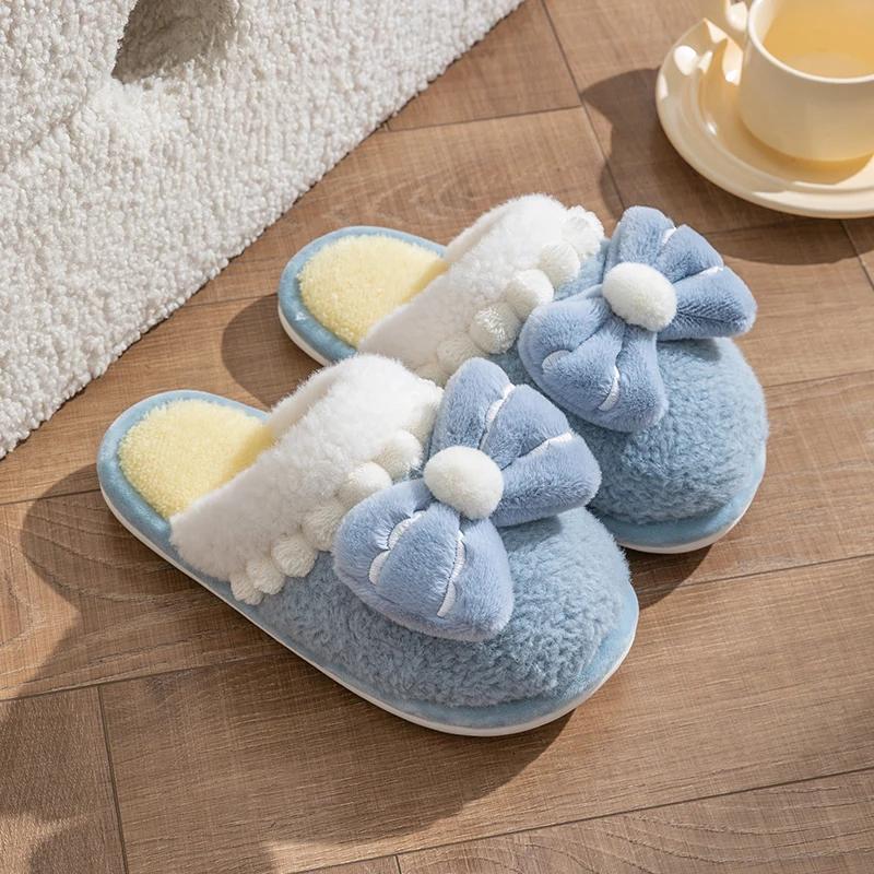 Fashion Casual Fluffy Slippers Women House Flats Fashion Winter Bowknot Designer Shoes Girls Home Plush Platform Elegant Footwear Warm