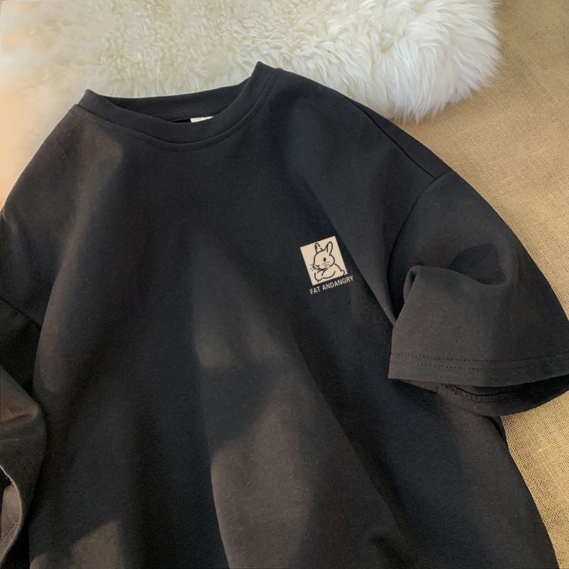 

Хлопковая футболка с короткими рукавами и кроликом, женская летняя новая свободная футболка с пятиминутными рукавами XL чёрный