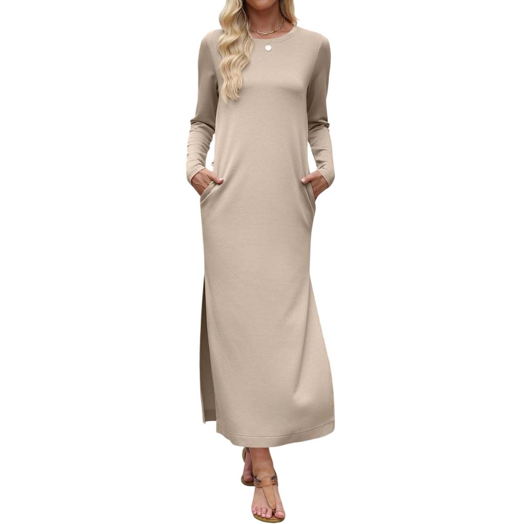 Women's Long Sleeve Solid Color Split Hem Maxi Dress with Double Pockets Straight Cut Casual Long Dress