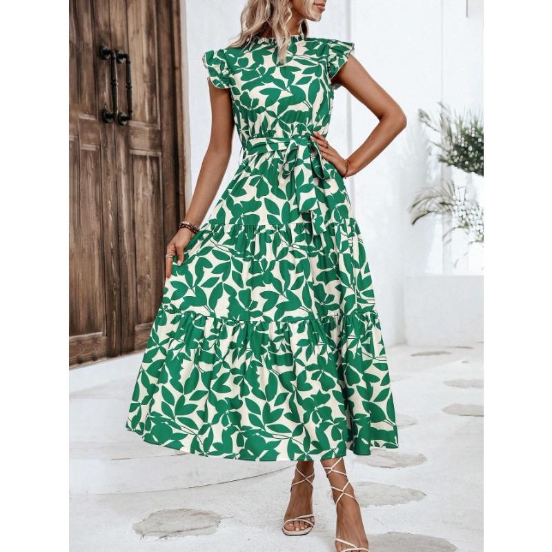 

VEZFAA Женская мода лето весна цветочный узор принт короткий рукав полуводолазка высокая талия повседневные платья XL зелёный