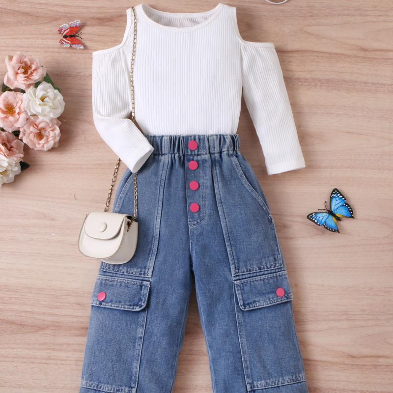 

Комплект одежды для девочек: Летний детский повседневный однотонный свитер без рукавов и джинсовые брюки, комплект из двух предметов 120cm белый