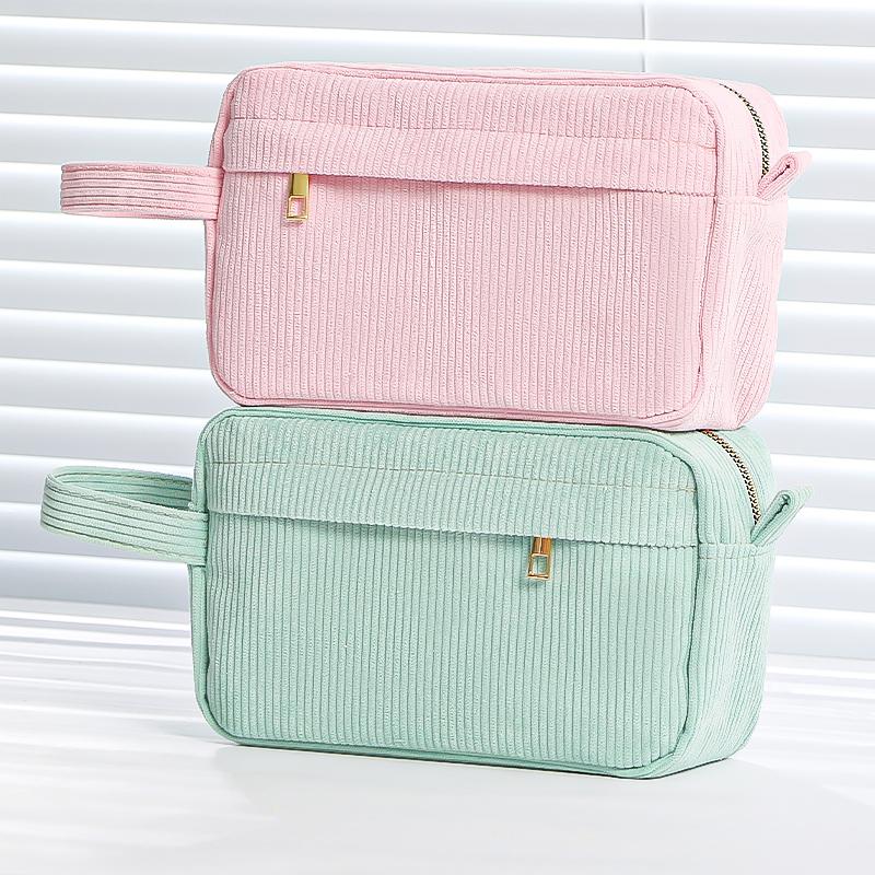 Cream Corduroy Pencil Case Big Capacity Square Shape Pen Case Pouch for Office School Supplies