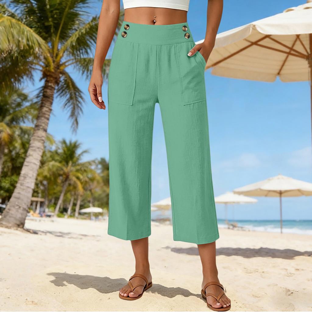 Women's Loose Fit Solid Color Straight Leg Elastic Waist Beach Capris Casual Pants with Button Detail and Side Pockets