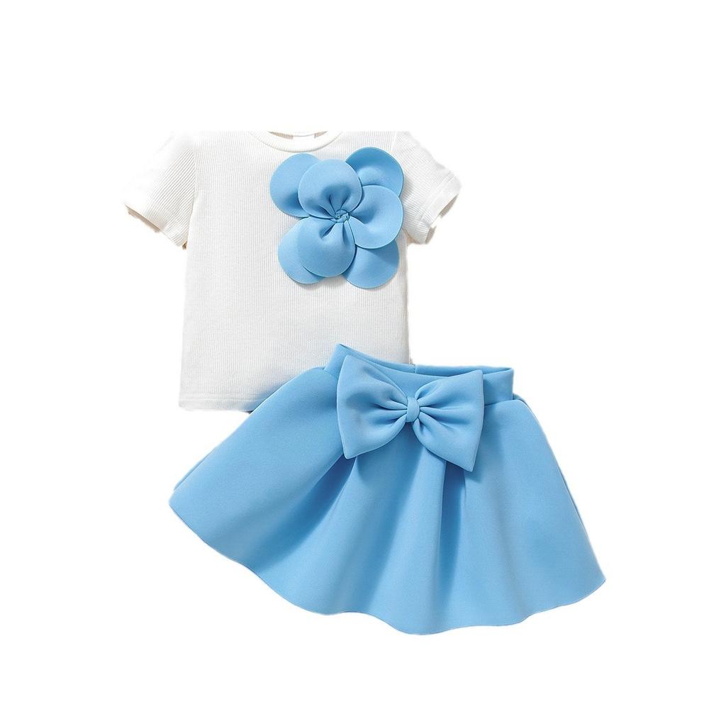 Mädchen Niedliches Set Sommer Kinder Mode Blume Kurzarm mit Schleife Pompadour Rock Set