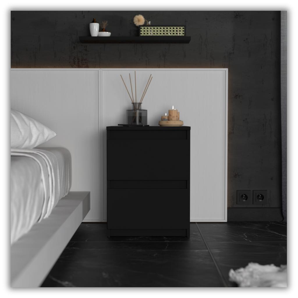 Black Bedside Cabinet 40Cm 2 Drawers Large High Bedside Table Nakastlik Loft