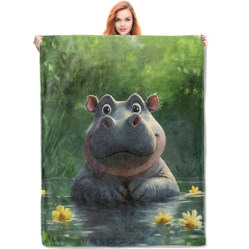 Lovely Hippo Throw Blanket Cute Cartoon Flannel Blanket for Couch Bed Travel Outdoor Home Decor Warm Fuzzy Blanket for Boys Girl
