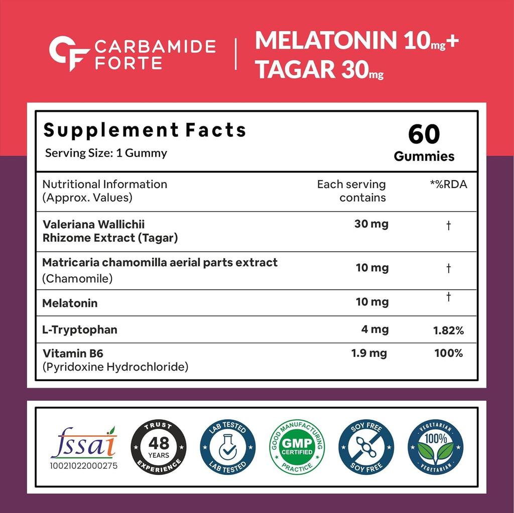 Carbamide Forte Melatonin 10 mg Schlaf-Gummis mit Vitamin B6 – 60 Vegane Gummis für entspannten Schlaf