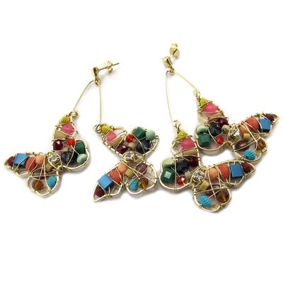 [P4033] - Artisanal Gold-plated Earrings 'Brasilia' Multi-colored Gold (butterflies) - 70x40 Mm