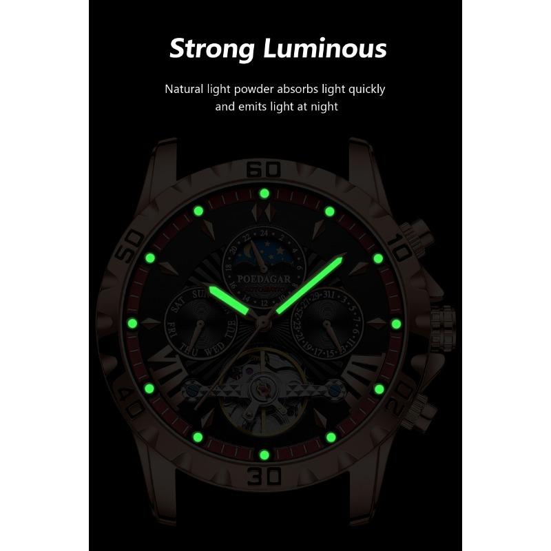 POEDAGAR Luxury Automatic Wristwatch Waterproof Luminous Date Week Leather Men Watch Tourbillon Mechanical Fashion Watches