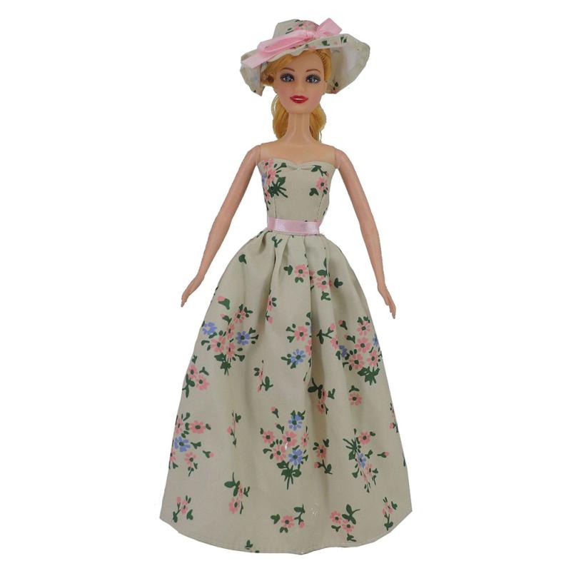 New! Doll Clothes Floral Printing Dress For 29-30cm Doll With Hat Fashion Princess Dress Up Toys For