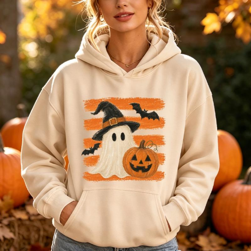 Cute Ghost Witch Hat Pumpkin Bat Hooded Top Women Spooky Season Preppy Style Autumn Pullover for Halloween Night Event Clothing