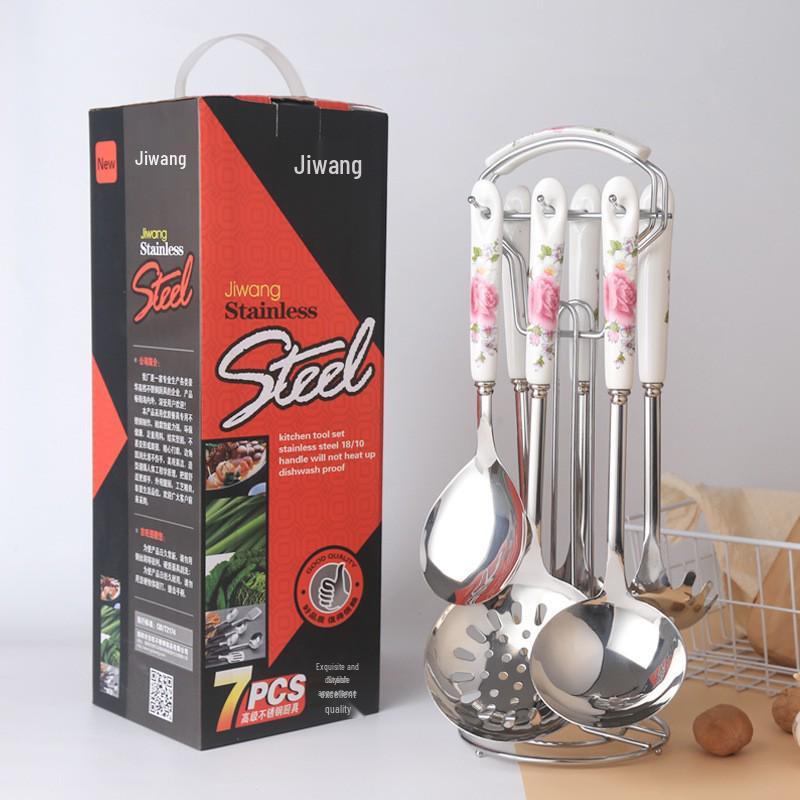 Ceramic Handle Stainless Steel Cookware Set: Wok, Spatula, and Pot Spoon with Heat Insulation.
