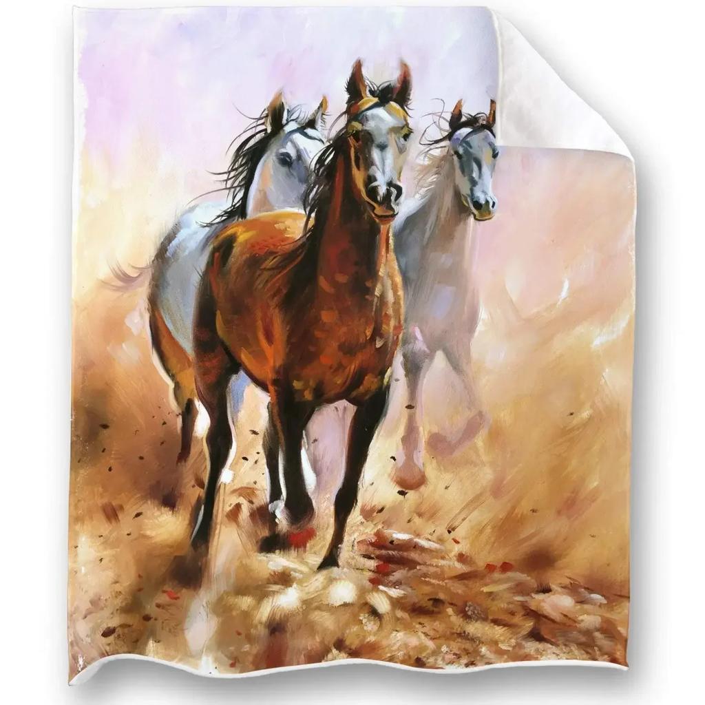Horses Blankets Coral Fleece Plush Summer Nature Wild Animals Portable Lightweight Throw Blankets for Home Car Bedspreads
