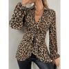 Elegant V-neck Leopard Print Bow Tie Lace Up Blouse Spring Autumn Women Basic Long Sleeved Shirt Simple Slim Fit Female Office New Casual Tops