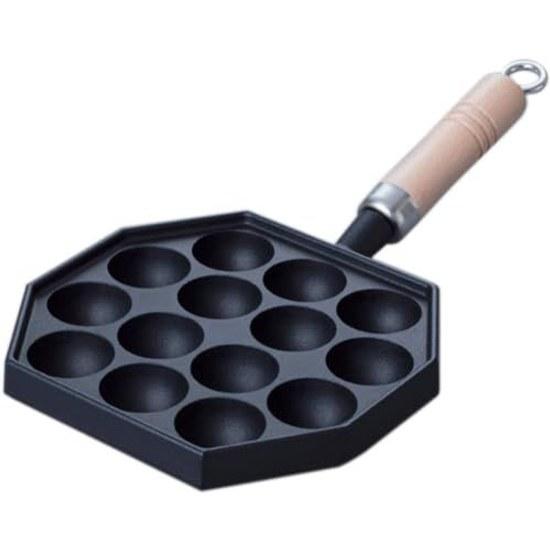 Iwachu Takoyaki Maker 14 Holes (with Wooden Handle) IH Compatible Hole Diameter Approximately 4 Cm Nambu Cast Iron 90033 Black