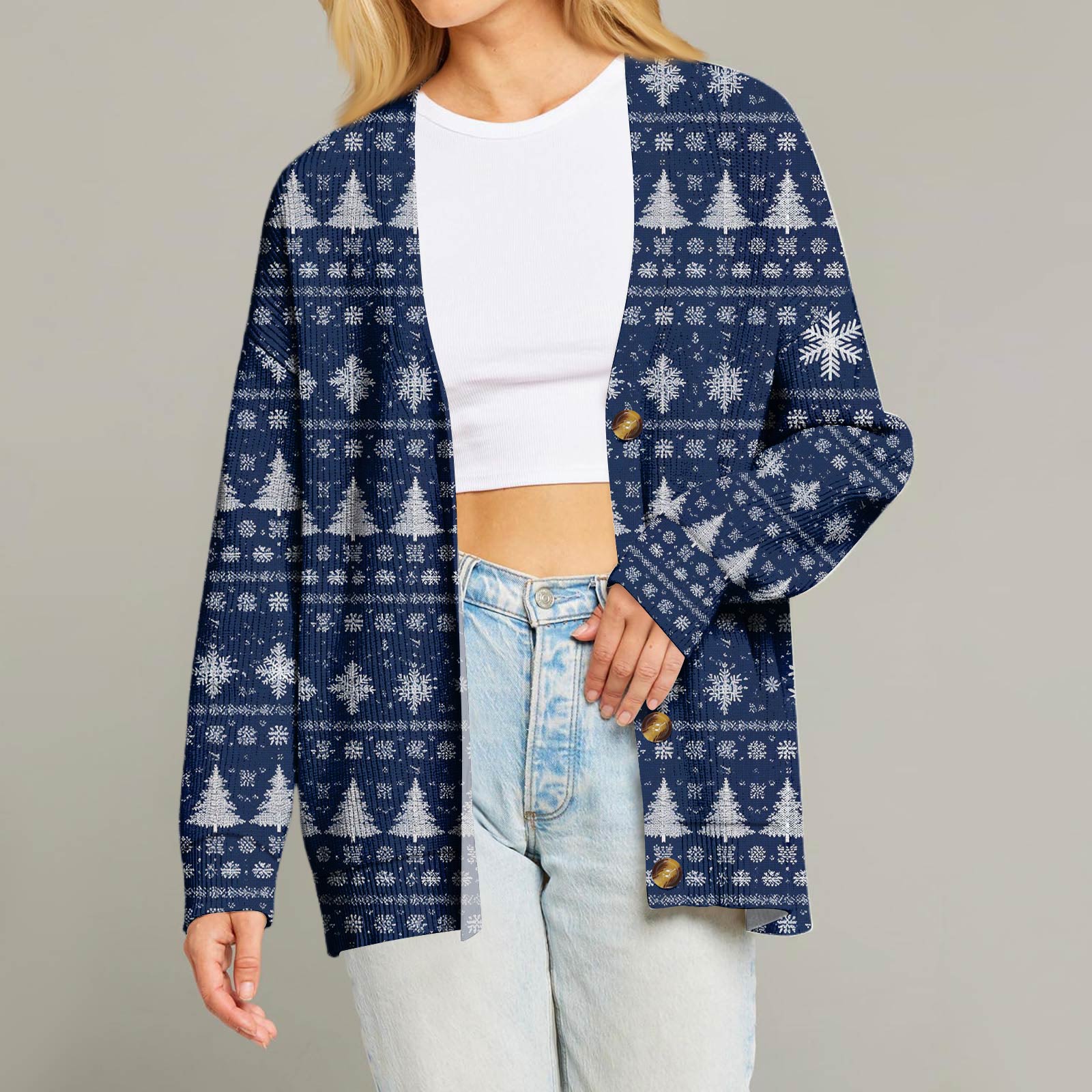 

Женский модный кардиган с длинным рукавом, V-образным вырезом, на пуговицах, свободного кроя, с рождественским принтом XXL