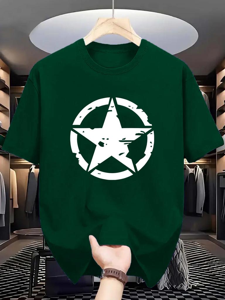 Men'S Casual Crew Neck T-Shirt with Geometric Five-Pointed Star Print, Knit Fabric, Slight Stretch, Regular Fit
