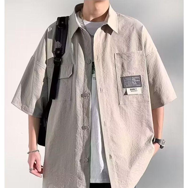 

Summer Men Short Sleeve Shirts Japanese Casual Lapel Blouses High Street Multi-pocket Oversized Shirt XXXL світло-сірого кольору