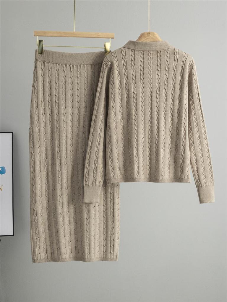 Korean-Style Two-Piece Set: Polo Collar Cable Knit Top & Sweater Skirt for Spring/Autumn