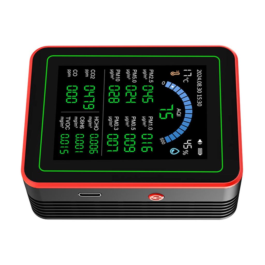 Air Quality Meter 18 In 1 CO2 TVOC HCHO PM2.5 PM10 Temp Humid Detect Tester Indoor Battery Powered Data Storage Black