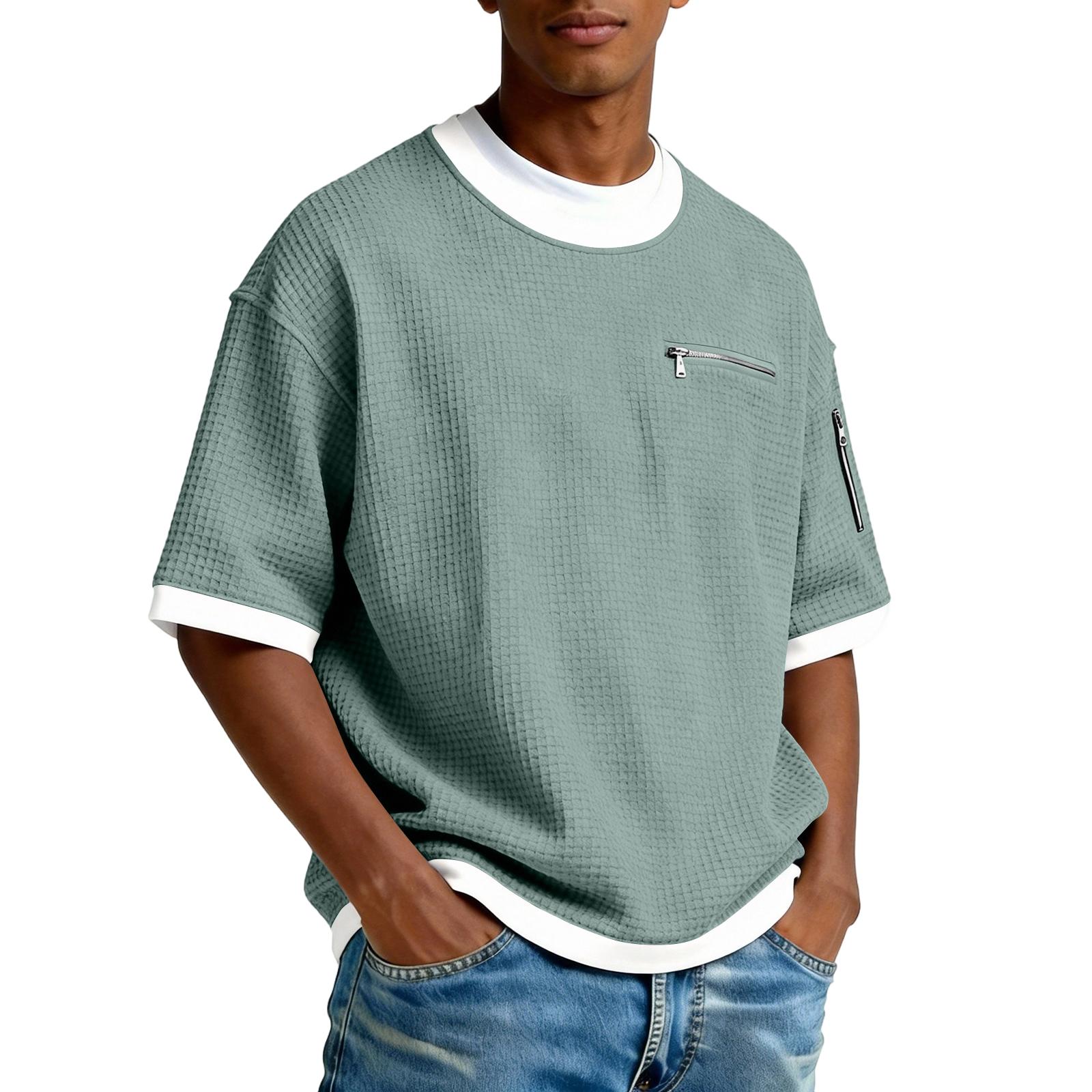 Мужская футболка с круглым вырезом, контрастной расцветки, повседневная, с карманами на молнии - Модная спортивная футболка свободного кроя с коротким рукавом S