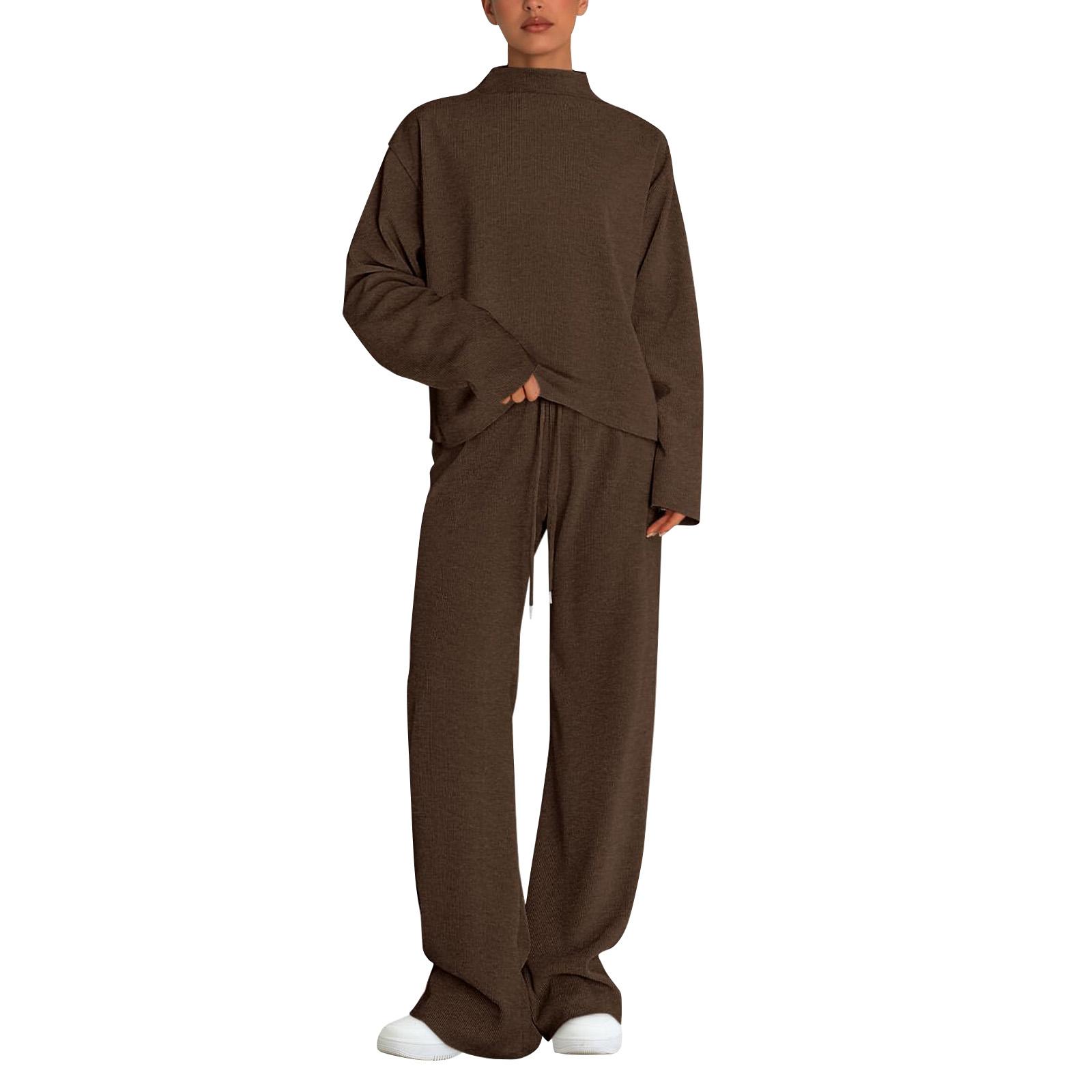 

Women S Two-Piece Sportswear Set: Long-Sleeved Knitted Turtleneck Top Paired With Wide-Leg Pants, A Casual Travel Set. S коричневий