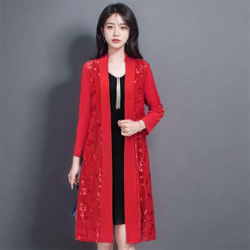 Eisseide-Jacquard-Sonnenschutzkleidung für Frühling und Sommer, Damen-Spitzenschal, mittellange Netz-Strickjacke, dünne Jacke