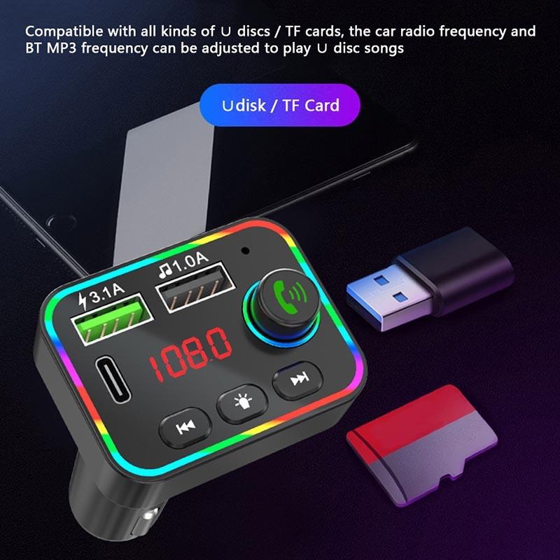 F4 Car Mp3 Bluetooth-compatible Adapter Colorful Breathing Light Qc3.1A U Disk Music Player Dual