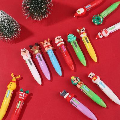 10Pcs  Christmas Four-Color Ballpoint Pen Cute Elk Santa Claus Mini Gel Pen Handbook Pen Student Prize Gift