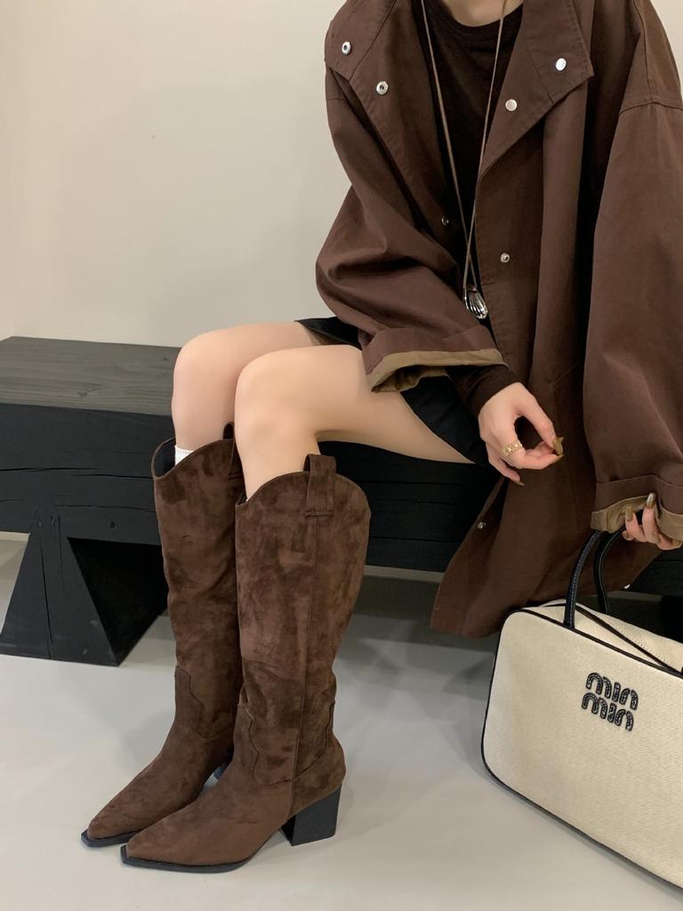 2025 autumn and winter new European and American style pointed pile boots fashionable wide boots loose wide boots