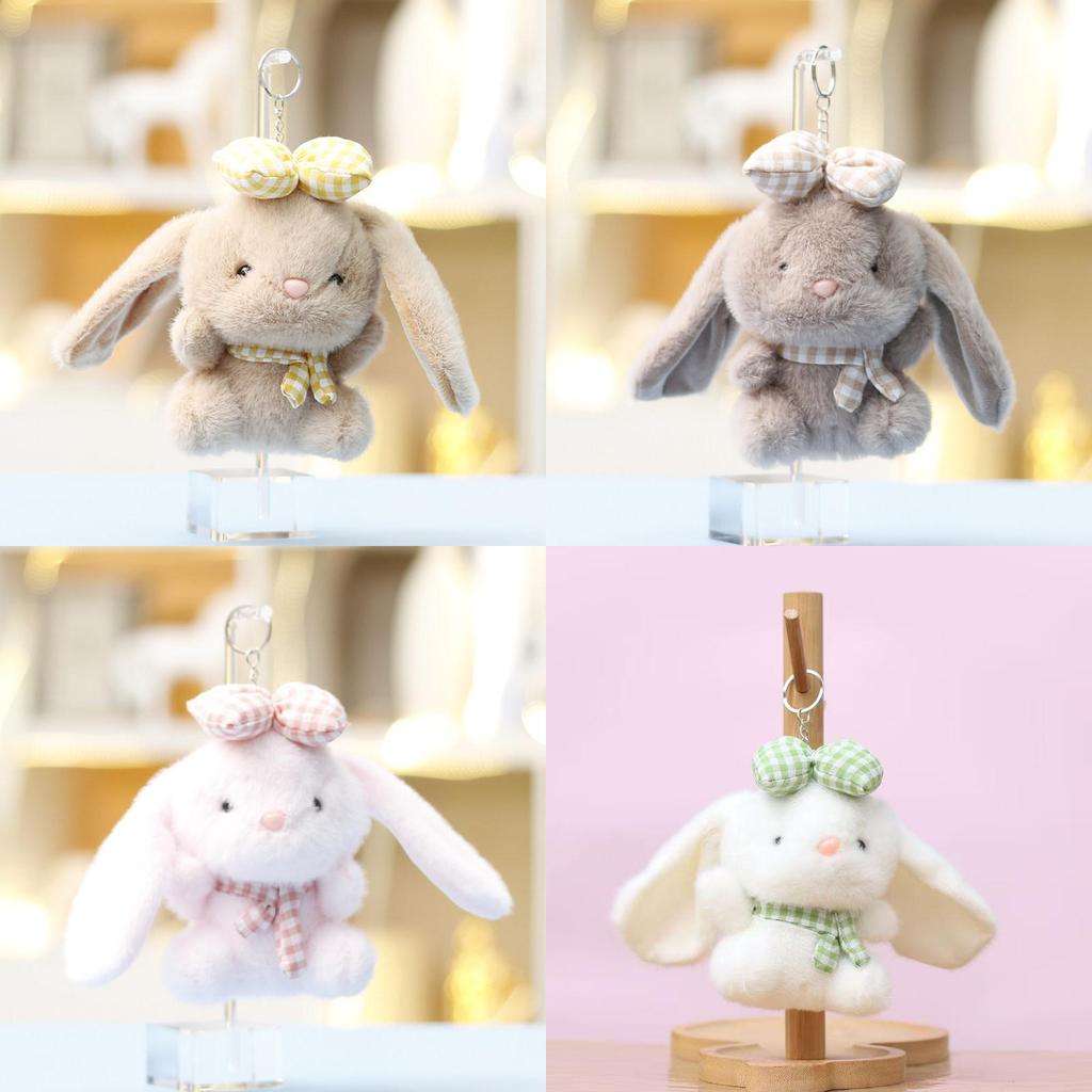 Plush Rabbit Keychain With Checkered Bowknots And Necklaces Decor For Girls Gift And Bag Decoration