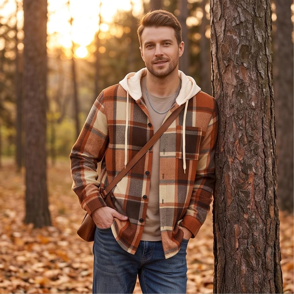 Men's Hooded Plaid Shirt Casual Loose Fit Jacket for Fall and Winter