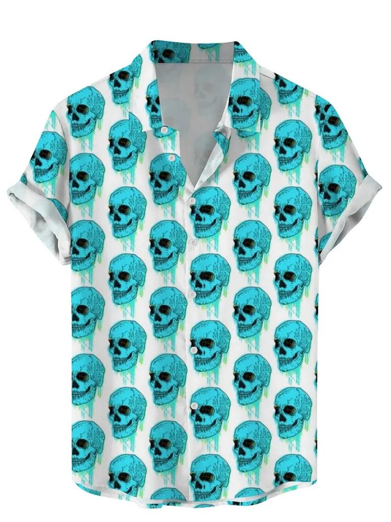 Vintage Men Shirts Funny Skull Flowers Printing Streetwear Short Sleeve Shirts Summer Hawaii Shirt Print Lapels Shirts for Men