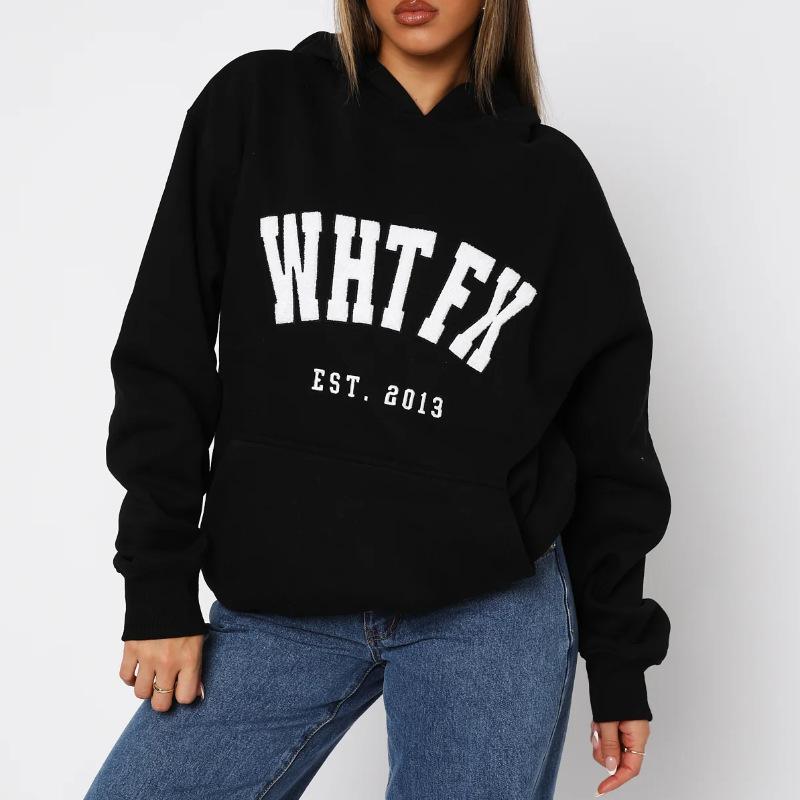 Ladies Spring Autumn Casual Hooded Long Sleeve Big Pocket Letter WHT FX Printed Pullover Hoodies Sweatshirt Top