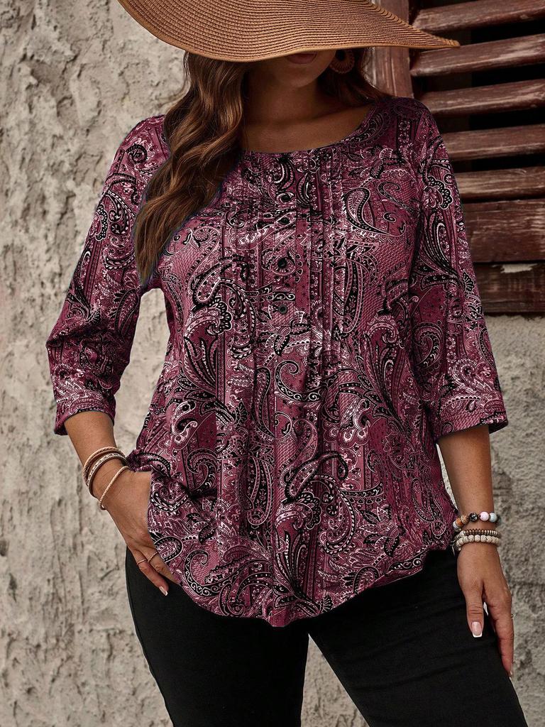 Übergröße Paisley-Print Langarm-Knopf-T-Shirt für Damen