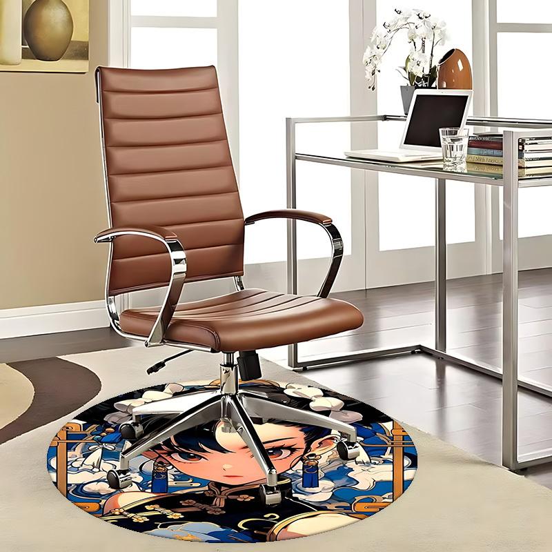 1pc Anime Design Round Carpet Traditional Chinese Style Chair Mat for Office, Home Decor, Living Room, Bedroom