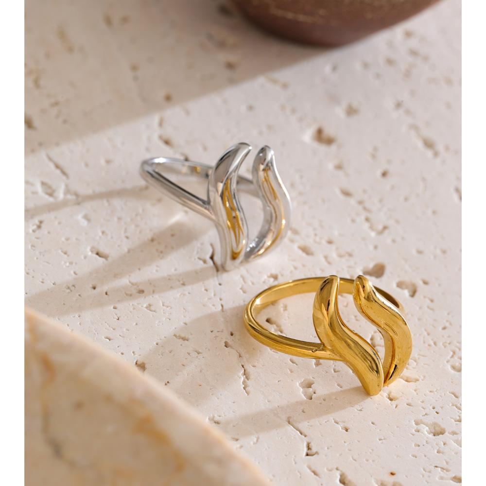 Yhpup Stainless Steel Geometric Wave Open Adjustable Ring Gold & Platinum PVD Plated Minimalist Finger Polished Jewelry New