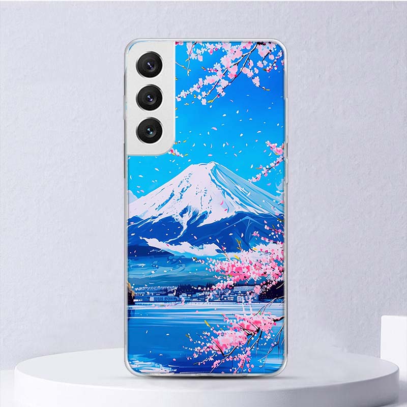 Japanese Cherry Mount Fuji Soft Case For Samsung Galaxy S25 S24 S23 S22 Ultra Phone Cover S20 FE S21 Plus S25 Edge + Funda Coque