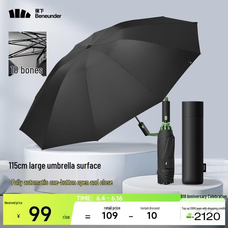 Beneunder Fully Automatic Tri-Fold Sun & Rain Umbrella