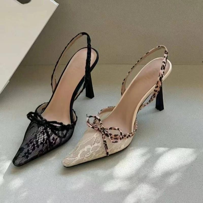 Women's High Heel Sandals Leopard Print Lace Pointed Toe Bow Heels Women Dress Summer Sexy Designer Style Zapatillas De Mujer