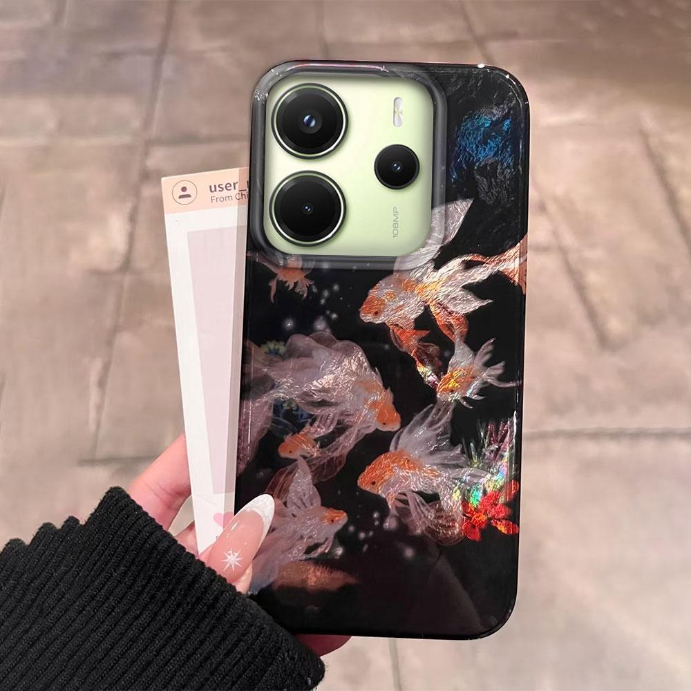 Koi Goldfish Sparkle Black Glossy Phone Case for Xiaomi Redmi Note 14 13 12 11 11S 10 9 8 Pro 9C 13C 14C A5 A3 A4 A3X A1 Cover