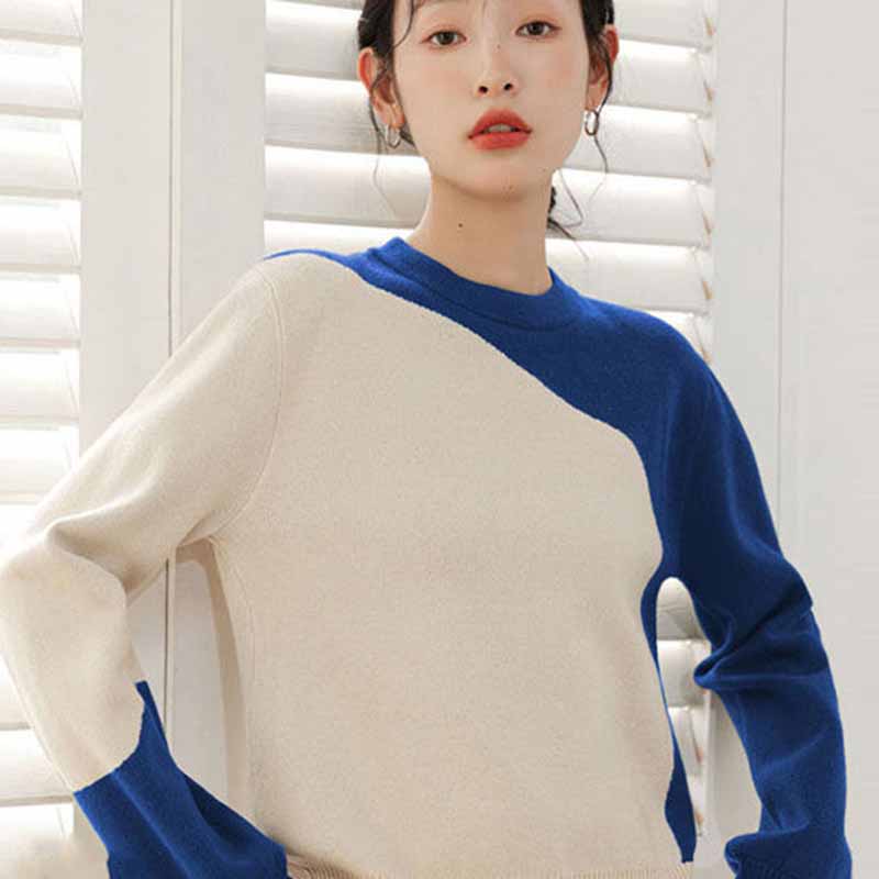 French Exquisite Contrast Color Patchwork Knitted Shirt Women's High-grade Sweater Temperament with Top Autumn and Winter