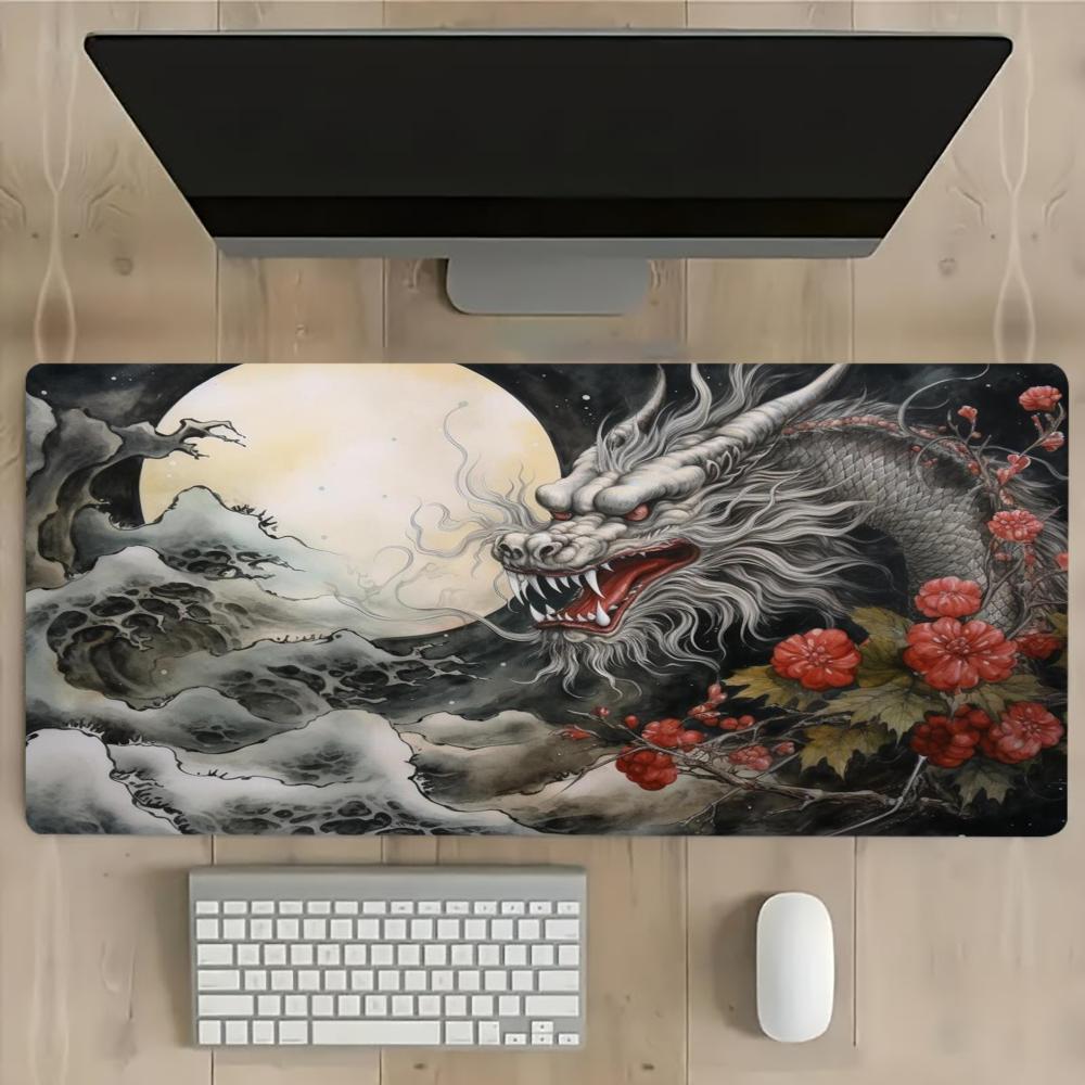 Chinese Ink Dragon Large Gaming Mouse Pad NonSlip Rubber Base Stitched Edge Desk Mat For Laptop Office Desktop Decor
